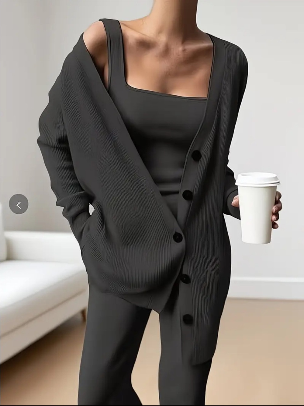 Black Ribbed Cardigan, Tank and pant Set